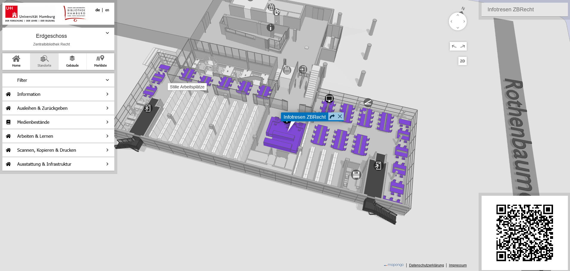 Statische Karte des Campus mit markiertem Infotresen.